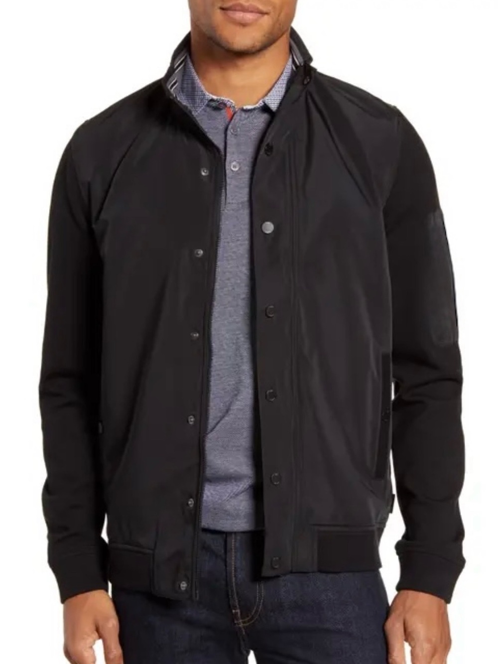 TED BAKER Black Bomber Windbreaker Nylon Knit Funnel Trim Suit Lining Jacket 4 L